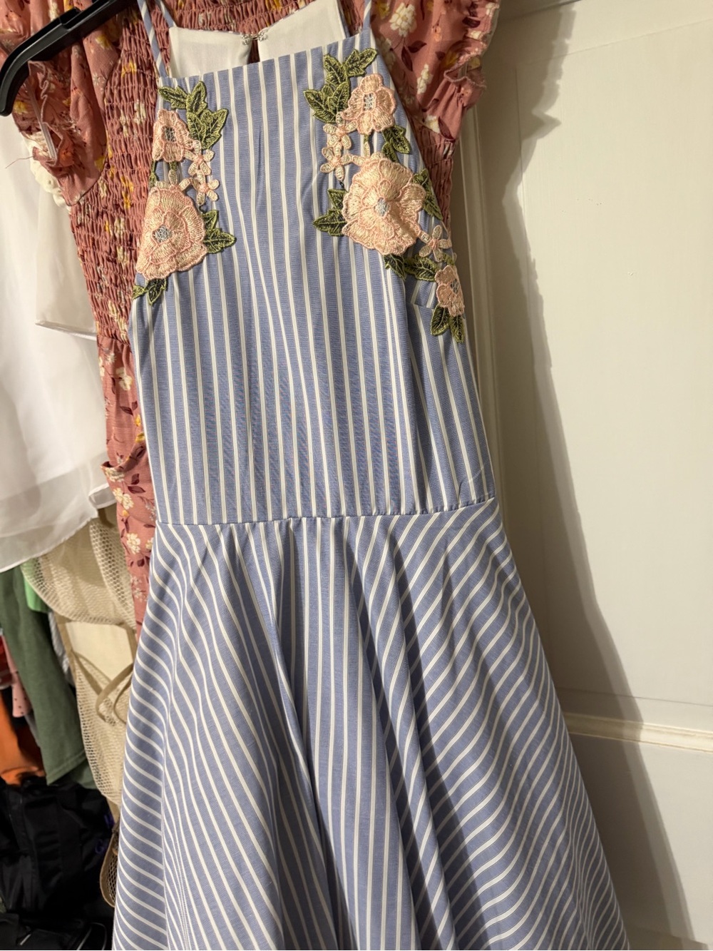 Jade Blue & White Striped Midi Dress with Pink Floral Appliqué - Picture 1 of 3